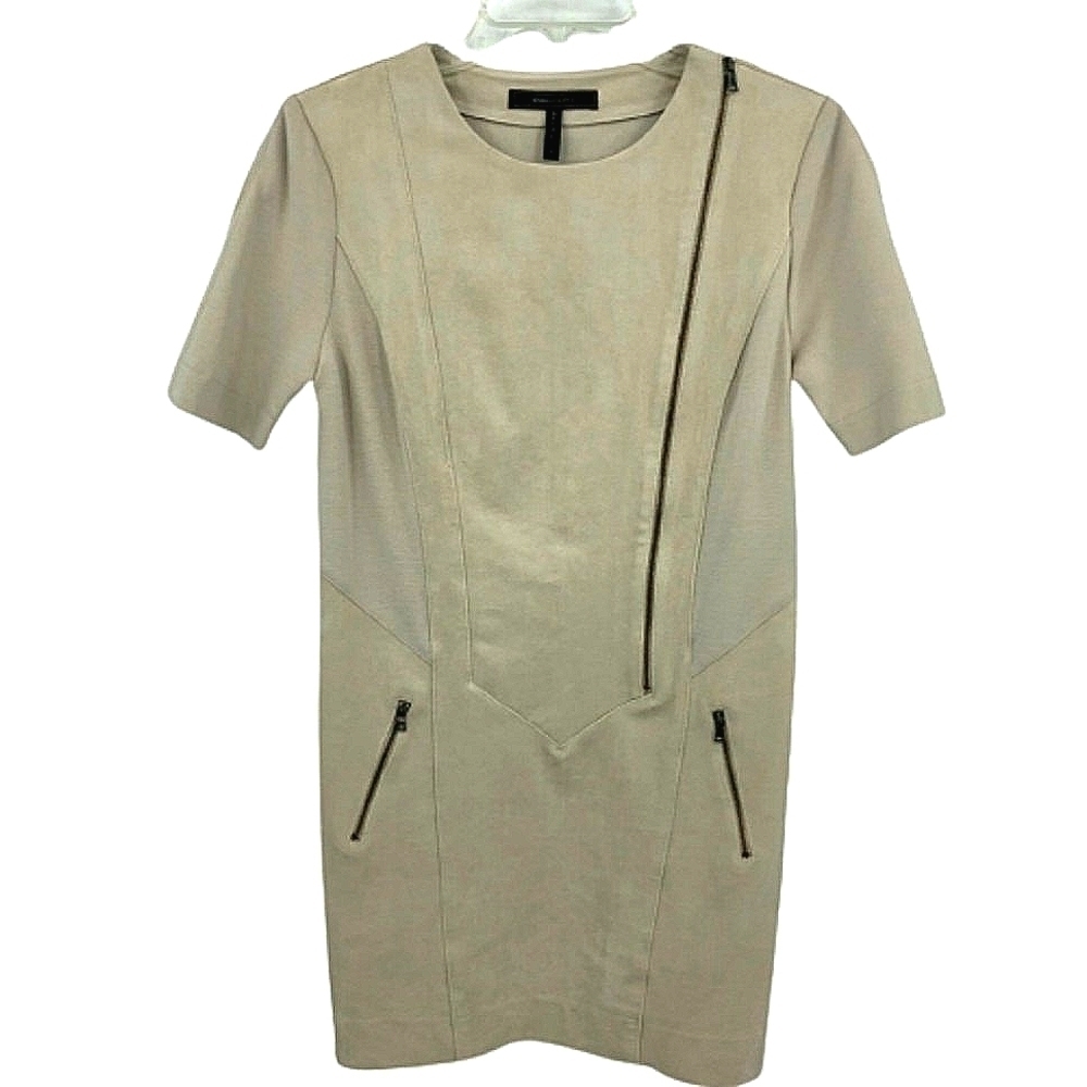 BCBGMaxazria Women’s S Beige Faux Suede Shirt Dress with Round Neck RN# 80734